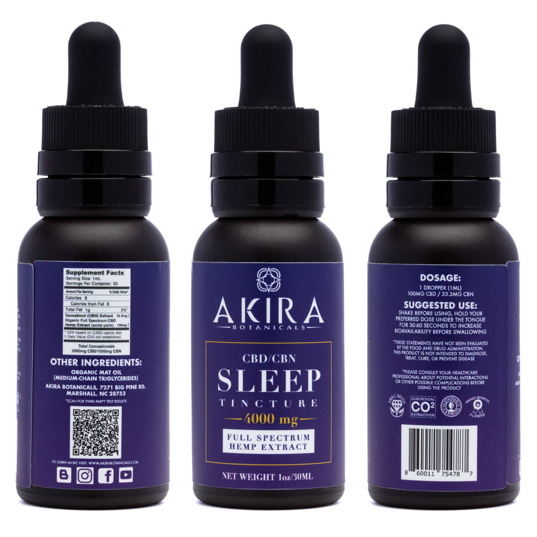 Akira Botanicals Full-spectrum CBD/CBN Sleep Tincture showing full label