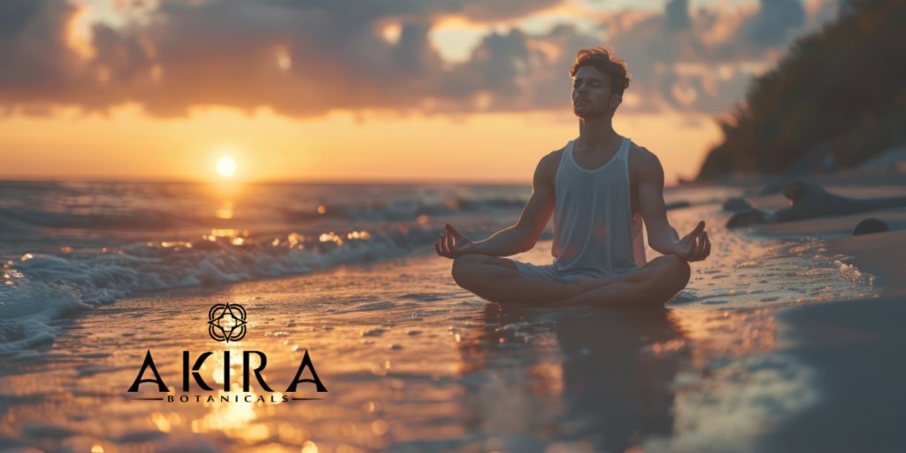 Find balance-a man meditating at sunrise.