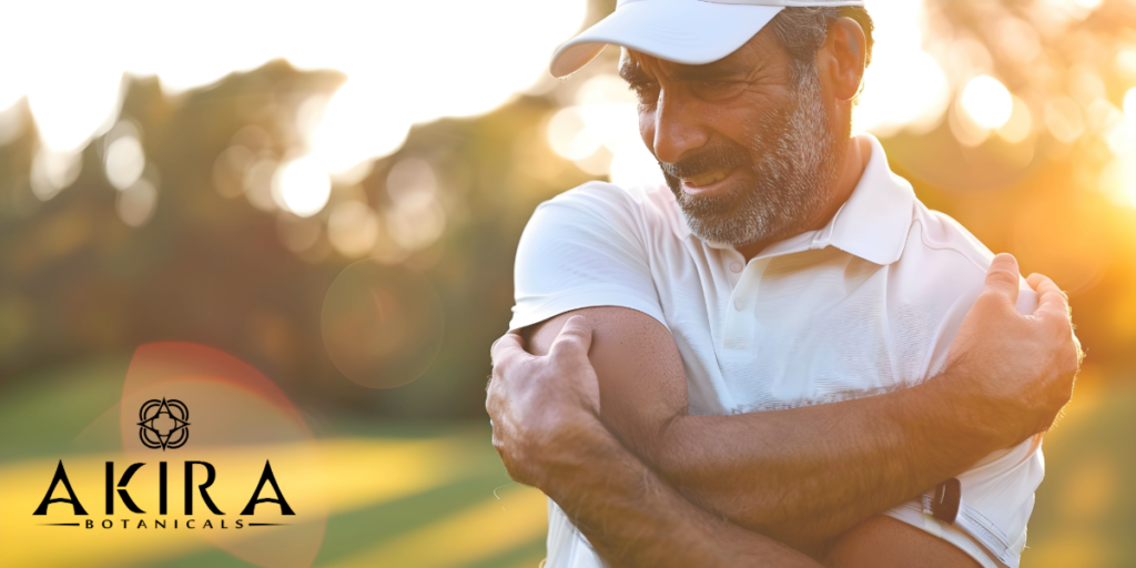 Pain relief? Yes, CBC may help. A man on the golf course with some tennis elbow.