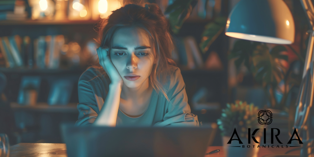 Fatigue and brain fog affecting a woman in front of a laptop.