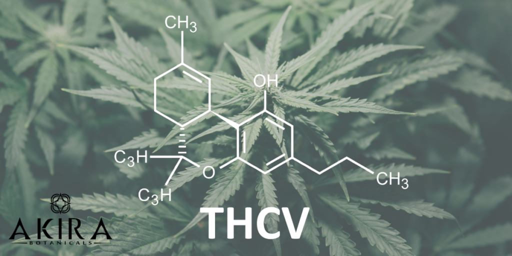THCv chemical formula on a hemp flower background.