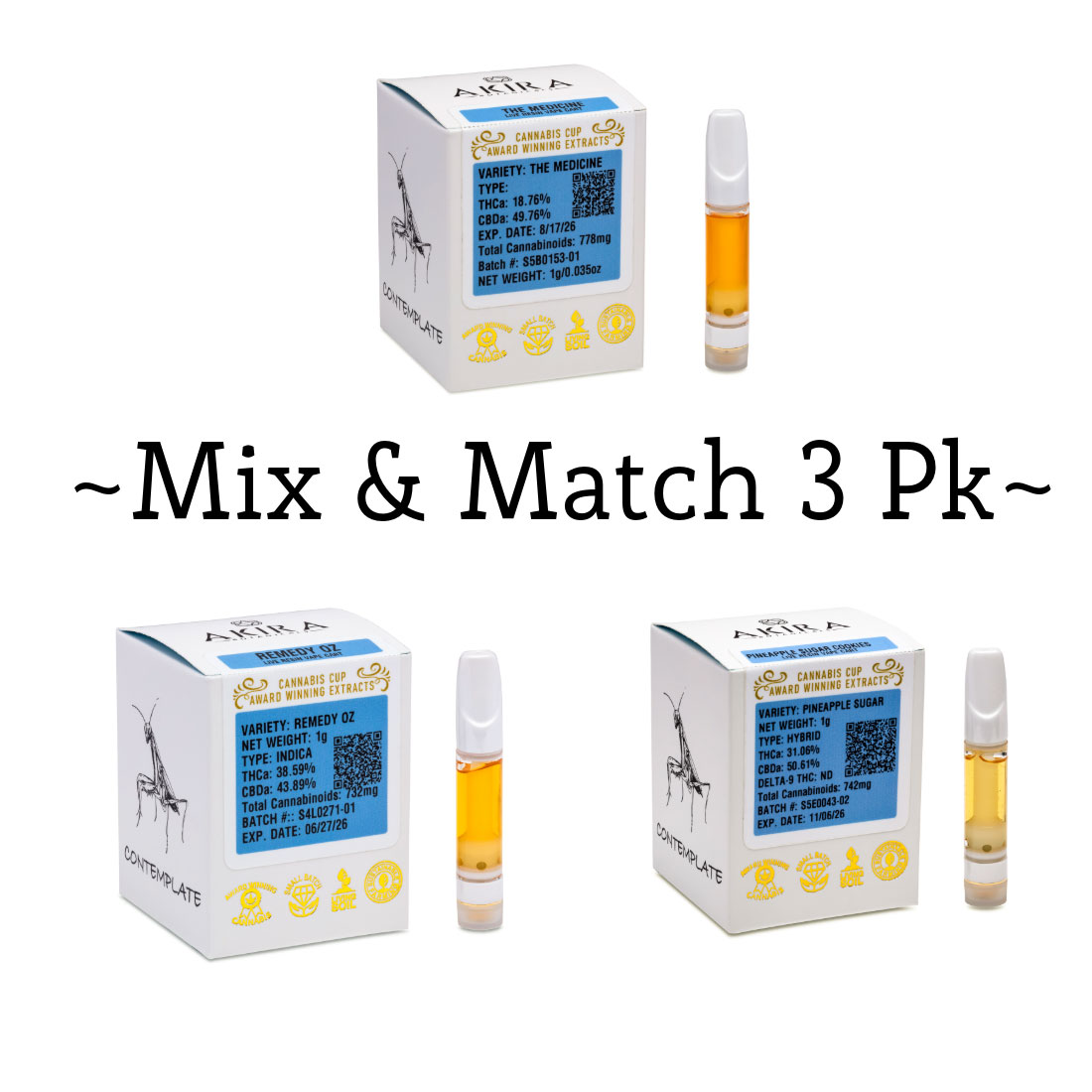Three variets of Akira Botanicals THCa Live Resin Carts